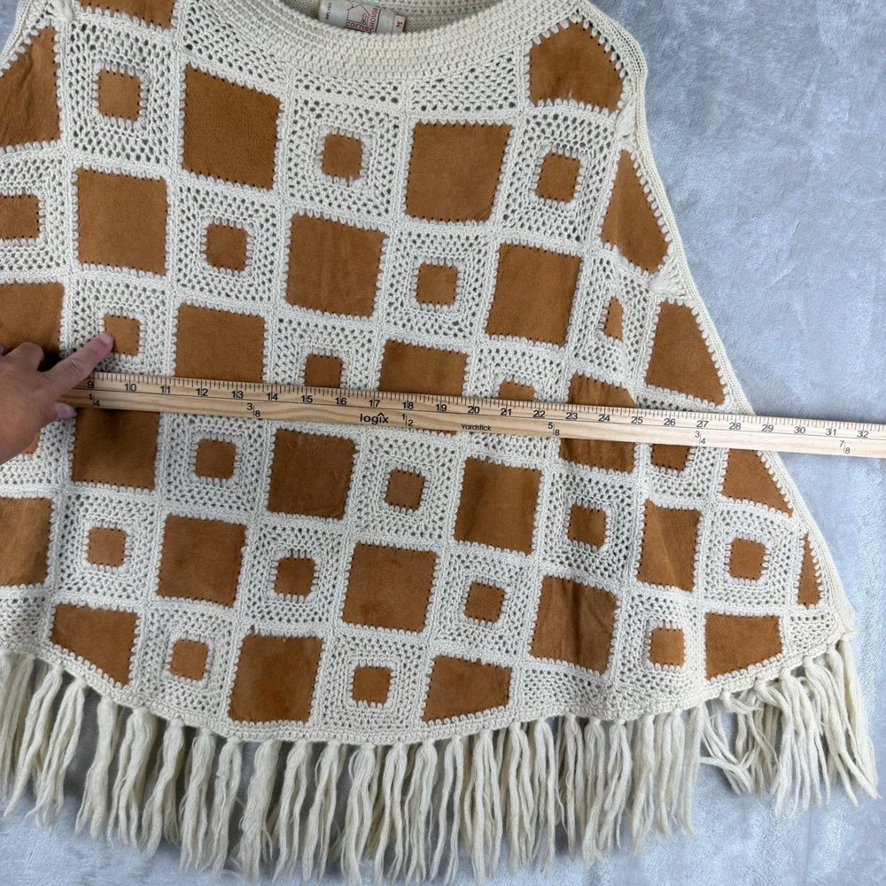 Vintage Patchwork Poncho  Wool Suede Cream Tan Fringe Boho M